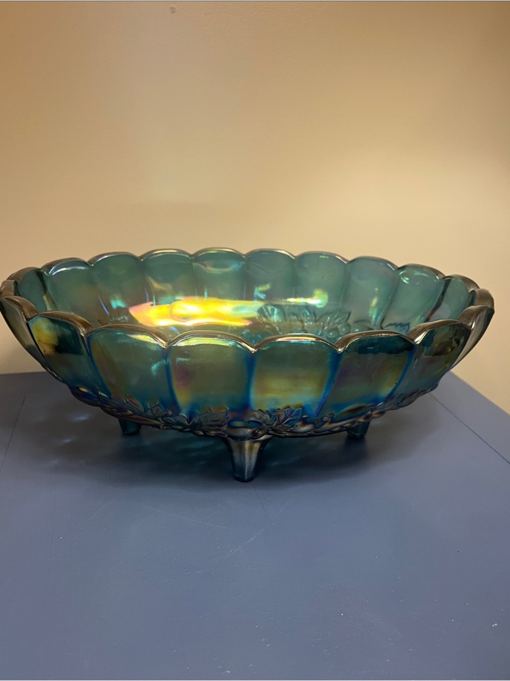 Vintage Indiana Glass iridescent blue carnival glass footed oval fruit bowl